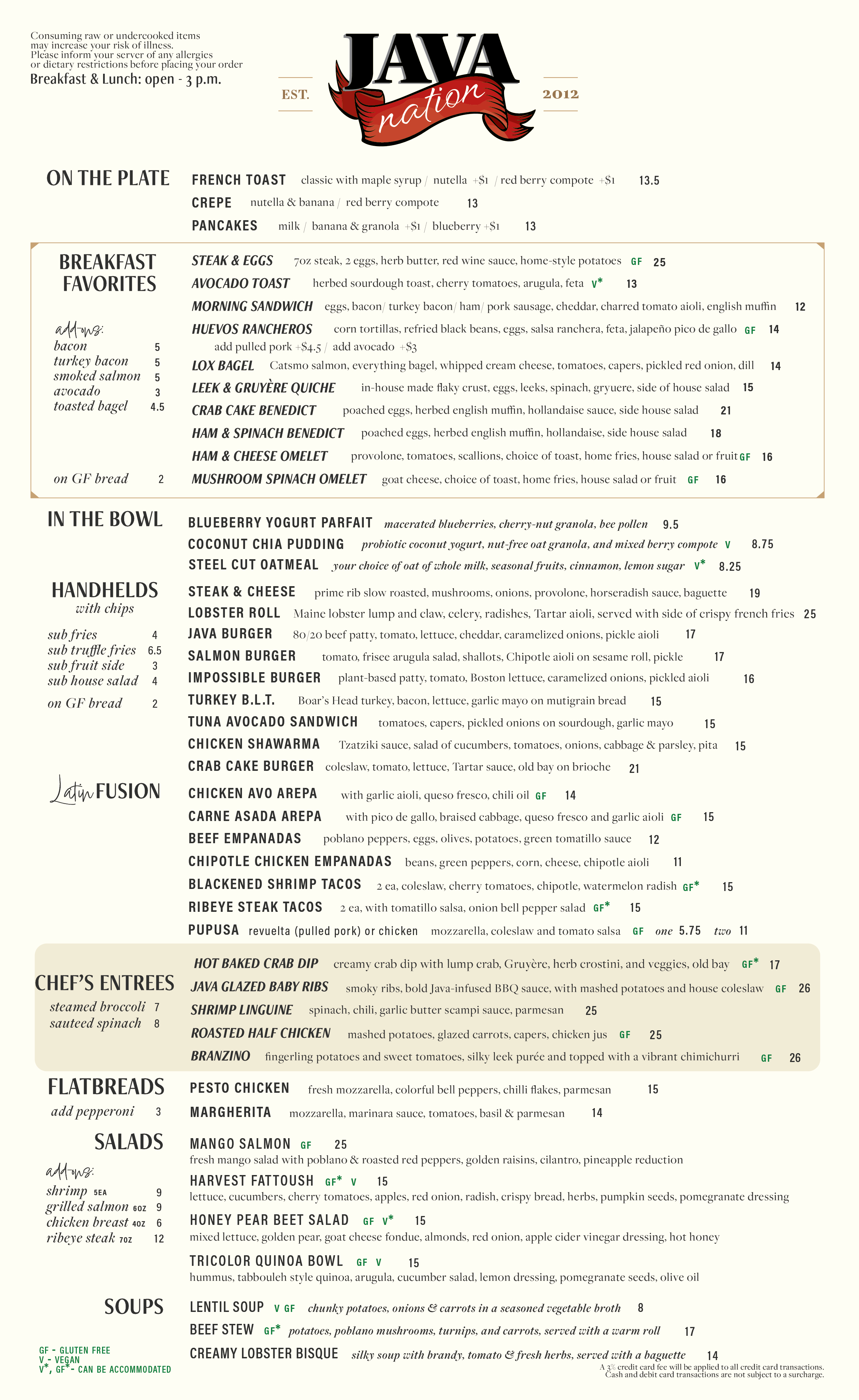 Silver Spring Brunch Menu Page 1